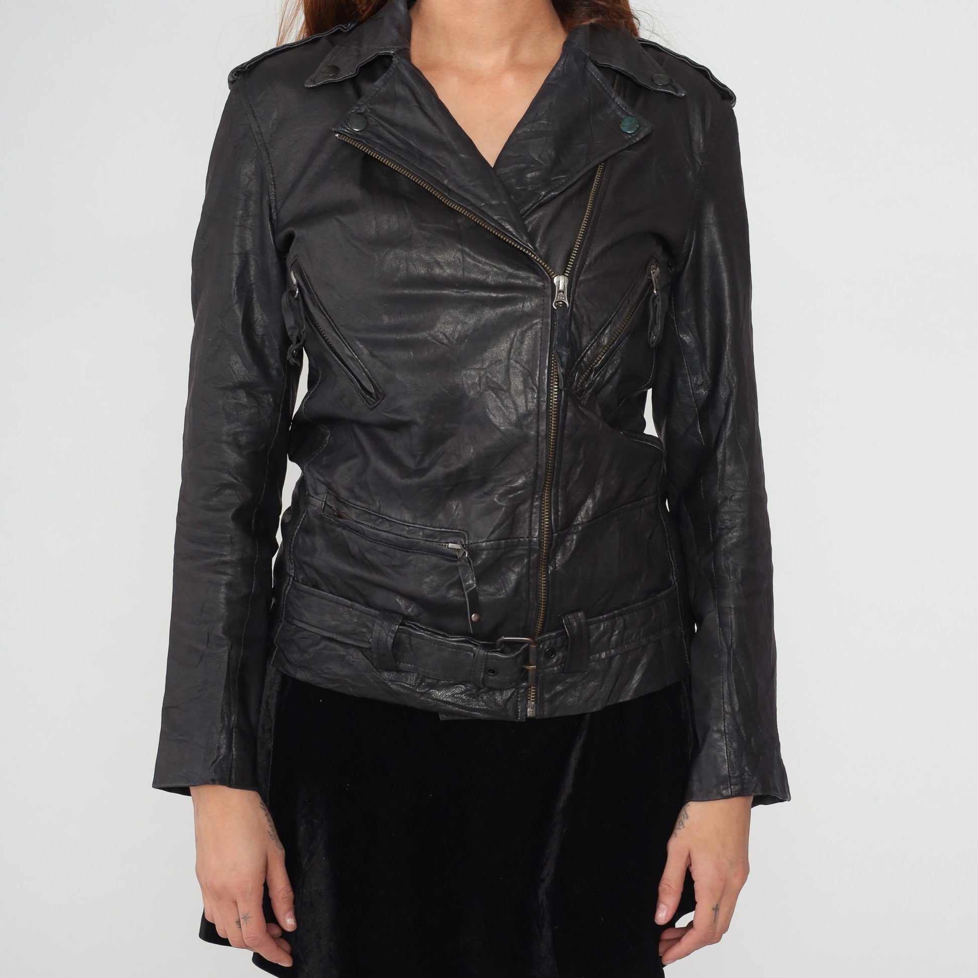 Y2K Sara Bermen Black Leather Moto Jacket Zip Front Small S