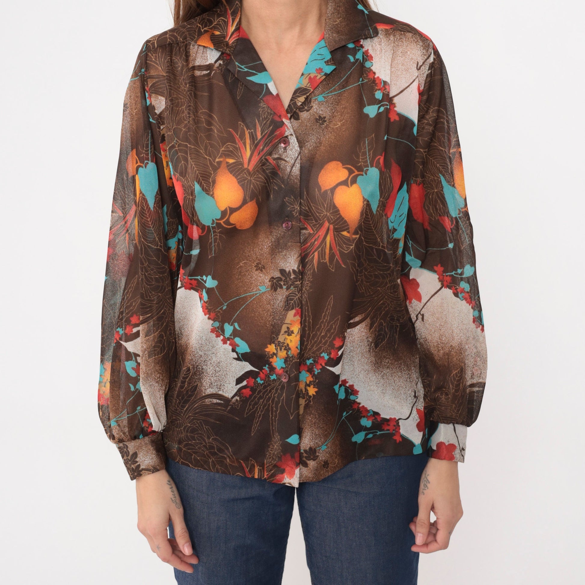 70s Teddi Tropical Leaf Print Button-Up Blouse Brown Long Sleeve Extra Large