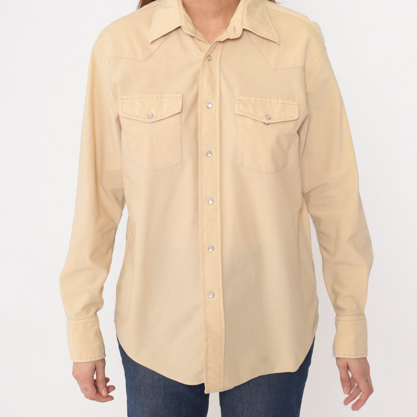 70s Western Pearl Snap Shirt Cream Ribbed Long Sleeve Large L