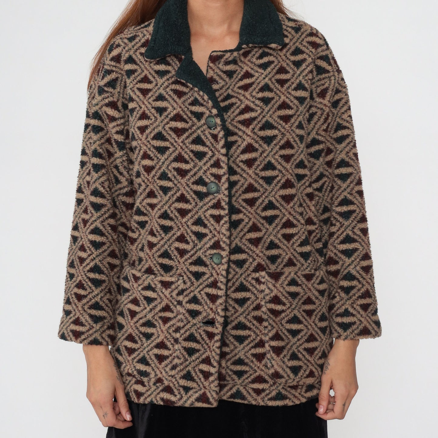 90s Fleece Jacket Abstract Geometric Print Button-Up Tan Green Medium M