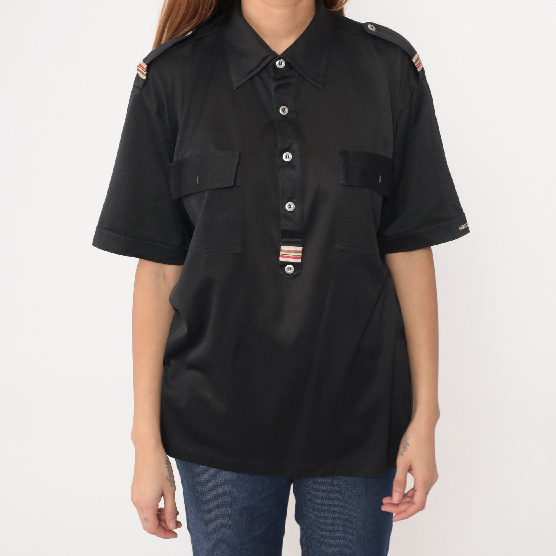 70s Black Polo Shirt Shoulder Epaulette Quarter Button Collar Large