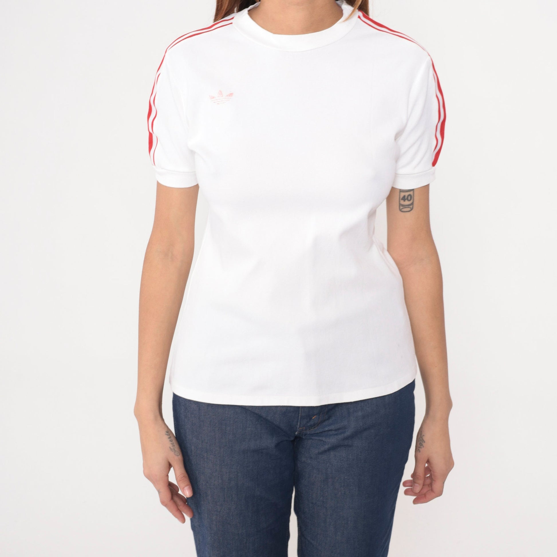 80s Adidas Trefoil Ringer T-Shirt White Nylon Red Stripes Medium