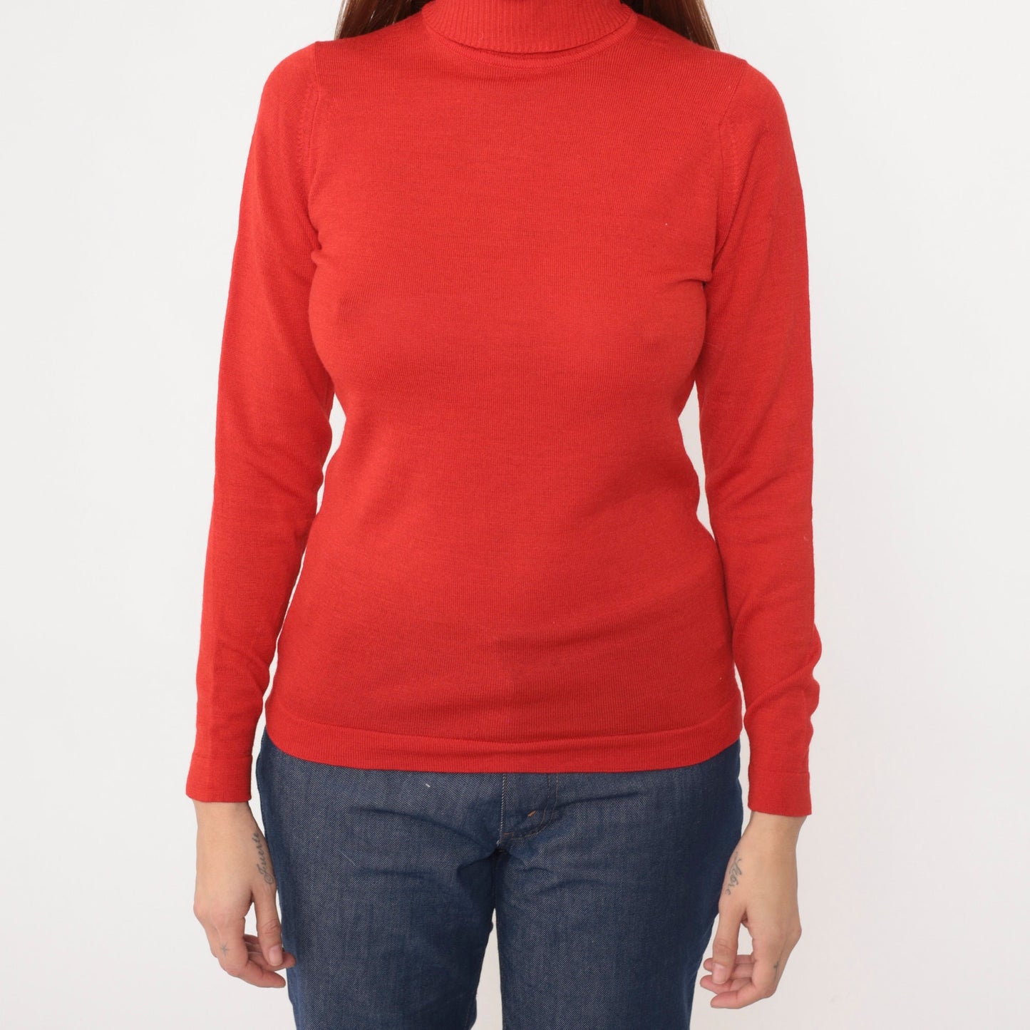 70s Red Wool Blend Turtleneck Sweater Long Sleeve Ribbed Knit Small