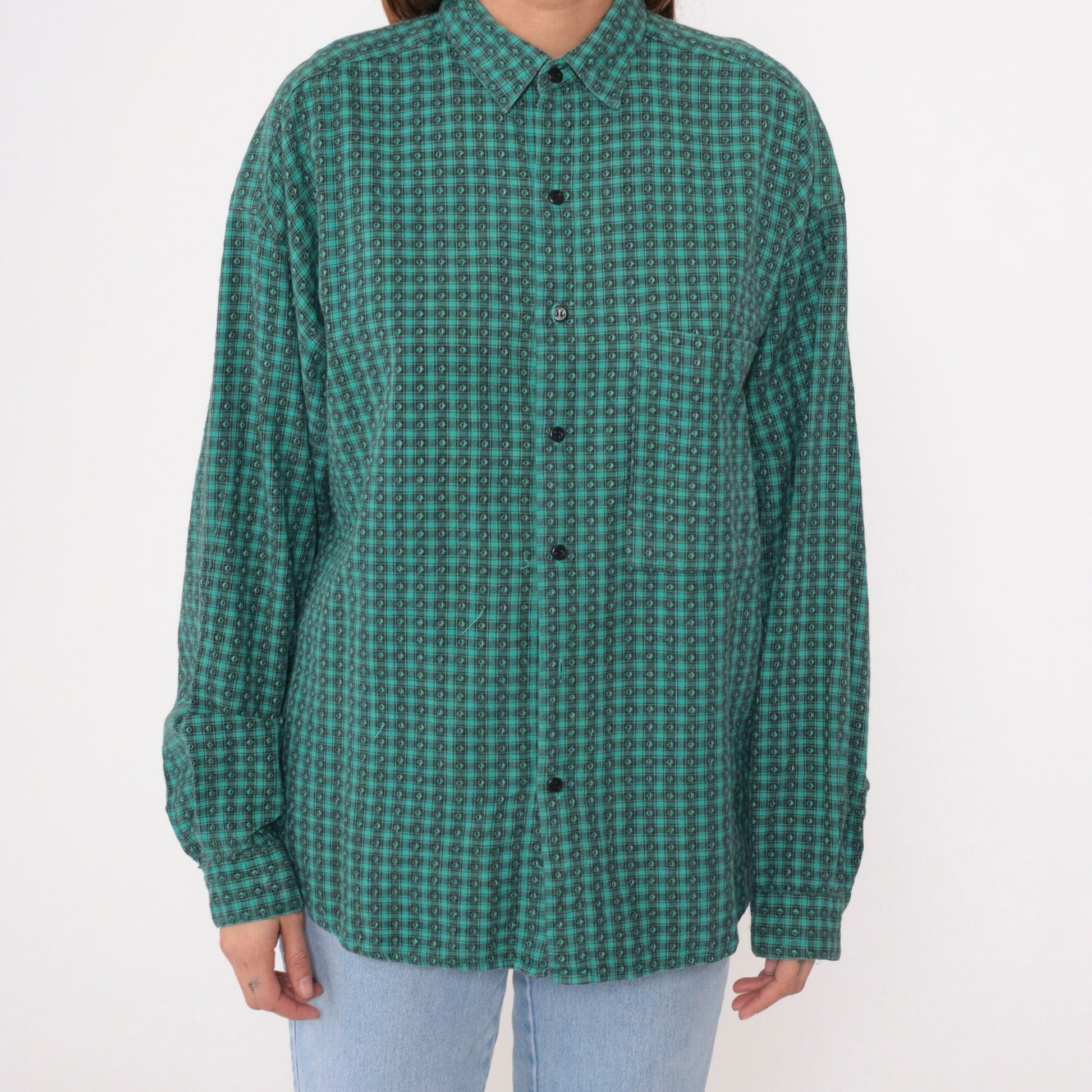 90s Green Black Checkered Button-Up Oxford Shirt Long Sleeve Men's Medium