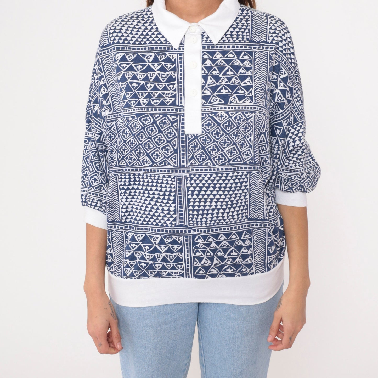 90s Drapers & Damons Polo Shirt Geometric Print Blue White Dolman Sleeve Large