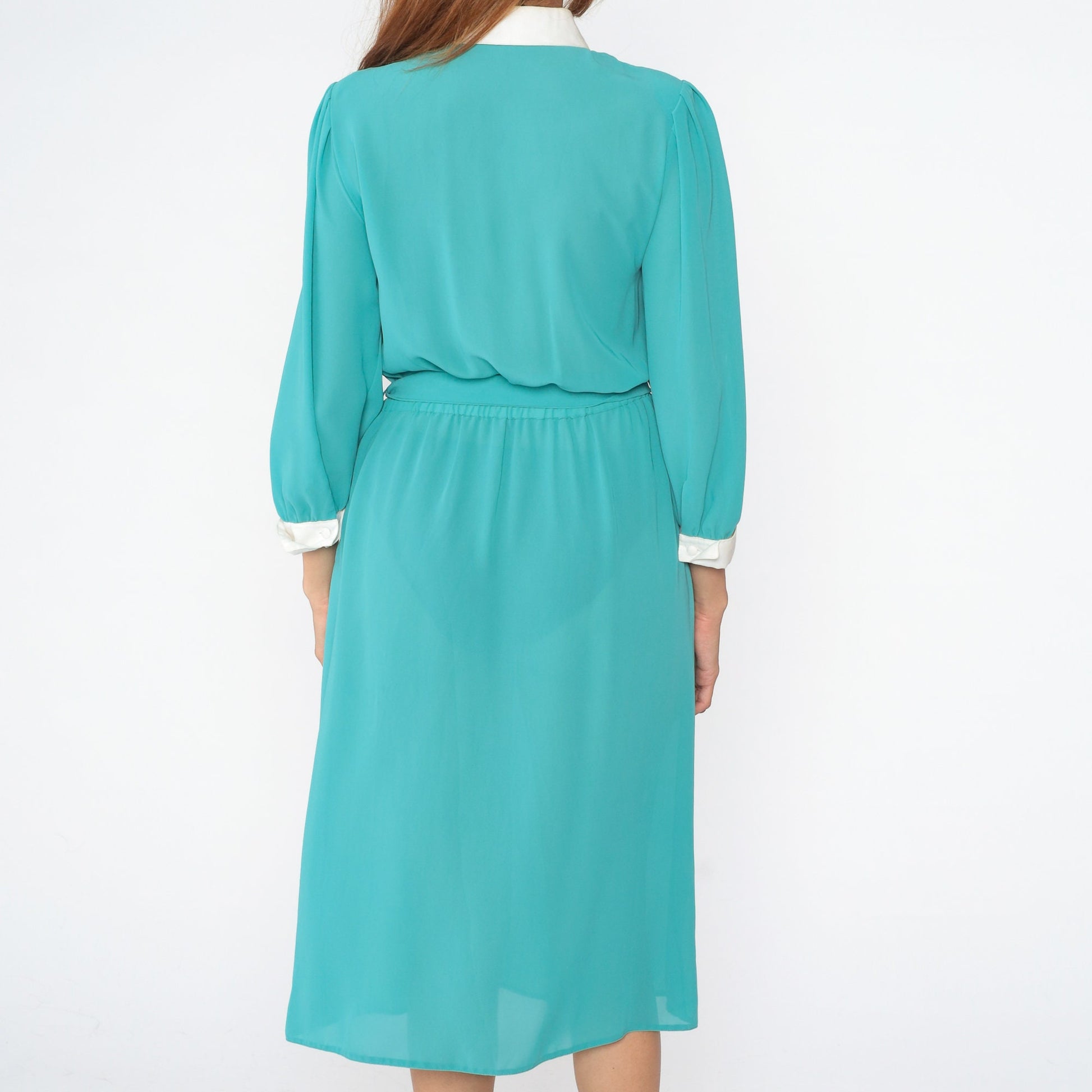 80s Turquoise Midi Dress Peter Pan Collar Puff Sleeve High Waist Small