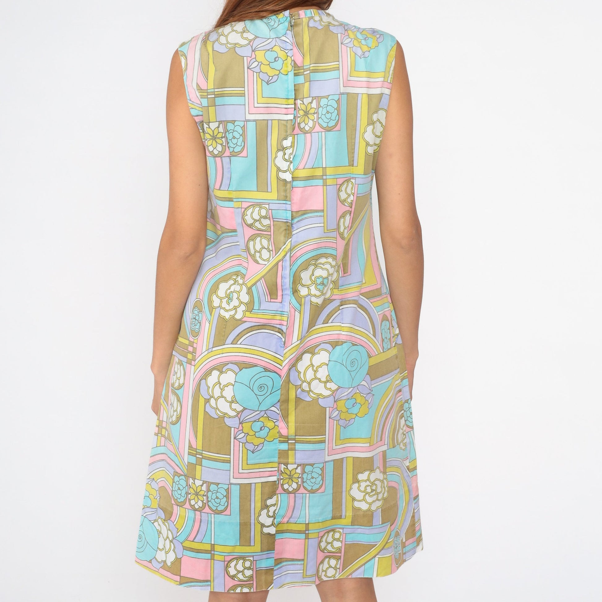 60s Psychedelic Floral Midi Dress Sleeveless Shift Cotton Medium
