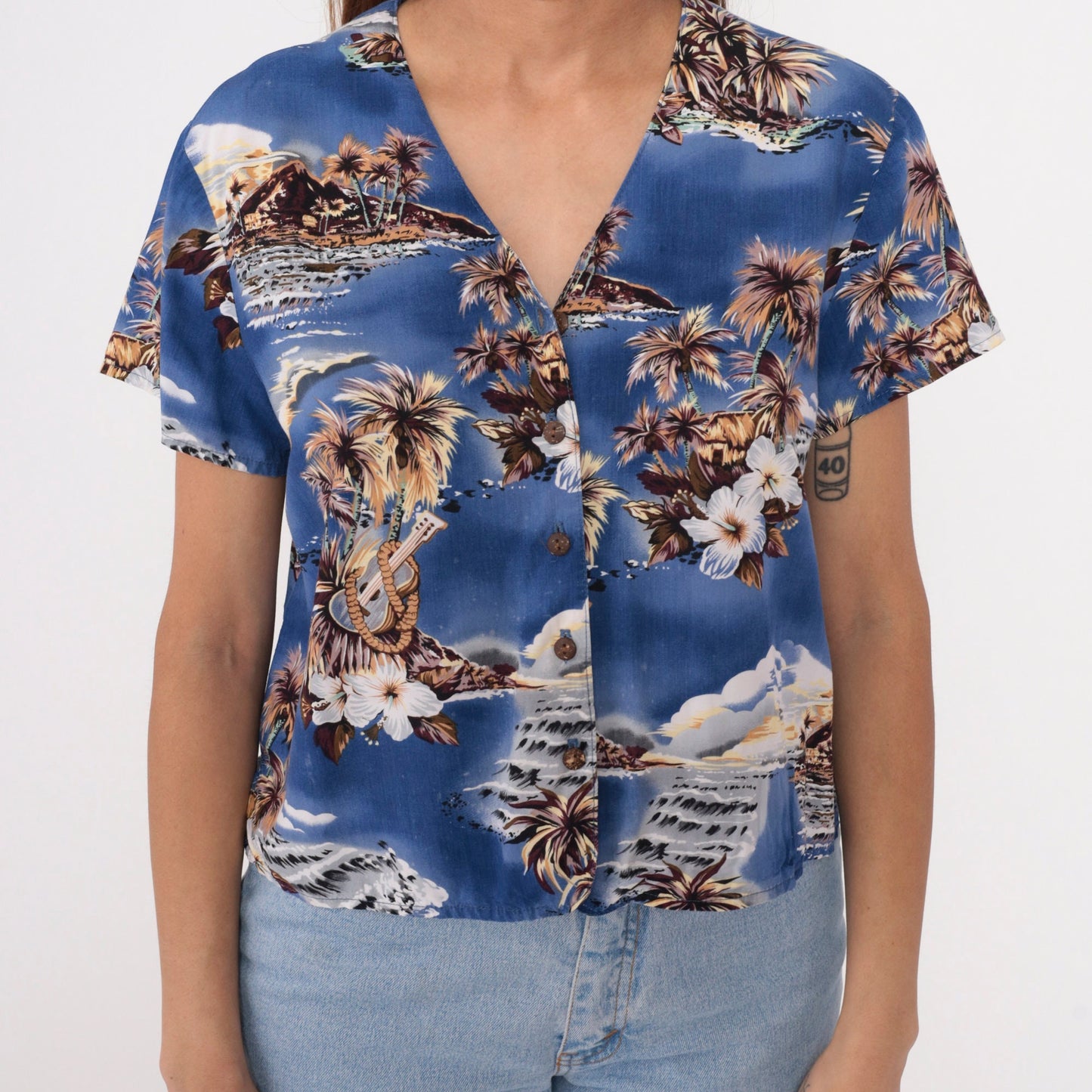 Y2K Ocean Pacific Hawaiian Shirt Blue Tropical Ukulele Print Button Up Extra Large