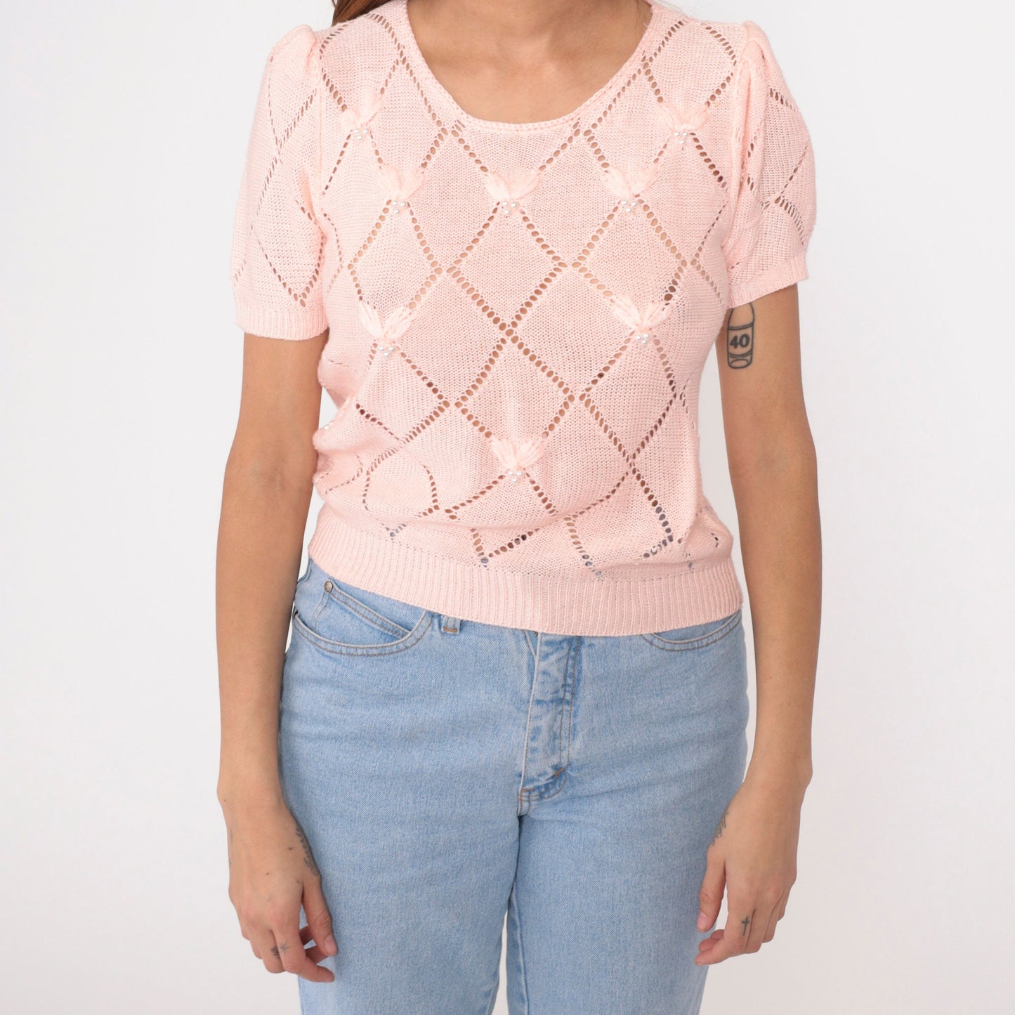 80s Baby Pink Pointelle Knit Top Pearl Beaded Puff Sleeve Cutout Small