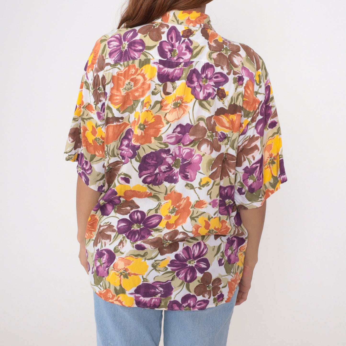 90s Watercolor Floral Rayon Button-Up Blouse Short Sleeve Large L