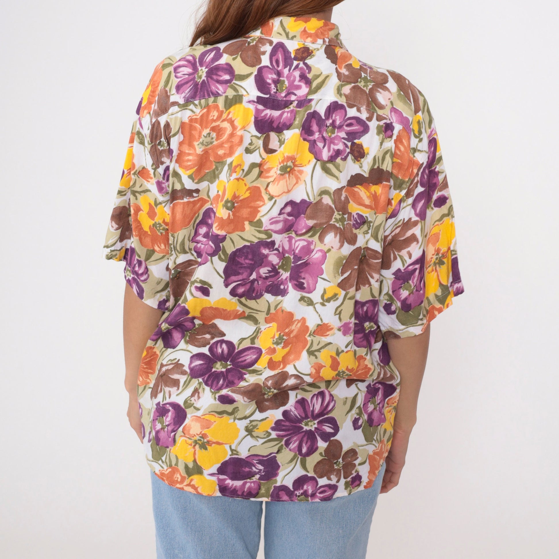 90s Watercolor Floral Rayon Button-Up Blouse Short Sleeve Large L