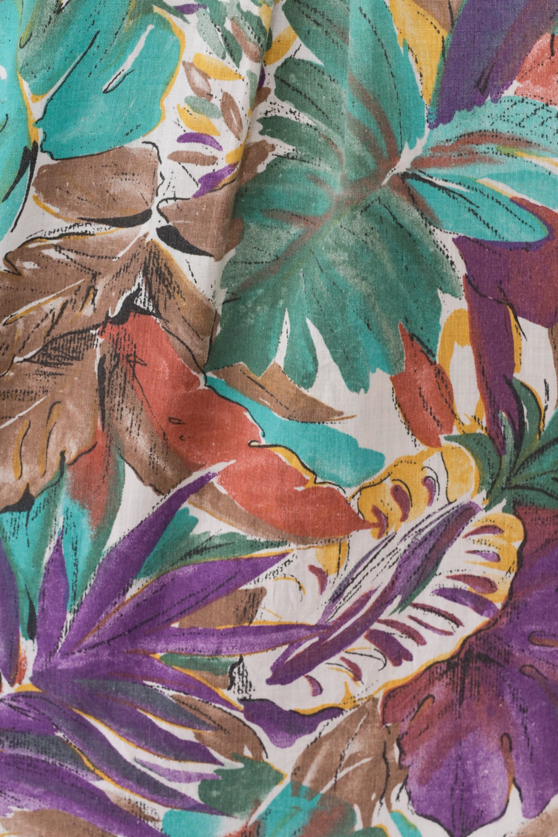 90s Tropical Leaf Print Button-Up Blouse Turquoise Purple 3/4 Sleeve Large