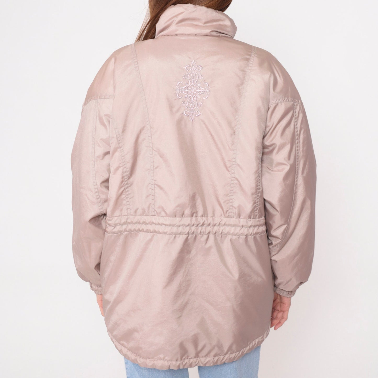 90s Mauve Puffer Ski Jacket Nylon Embroidered Drawstring Waist Large L