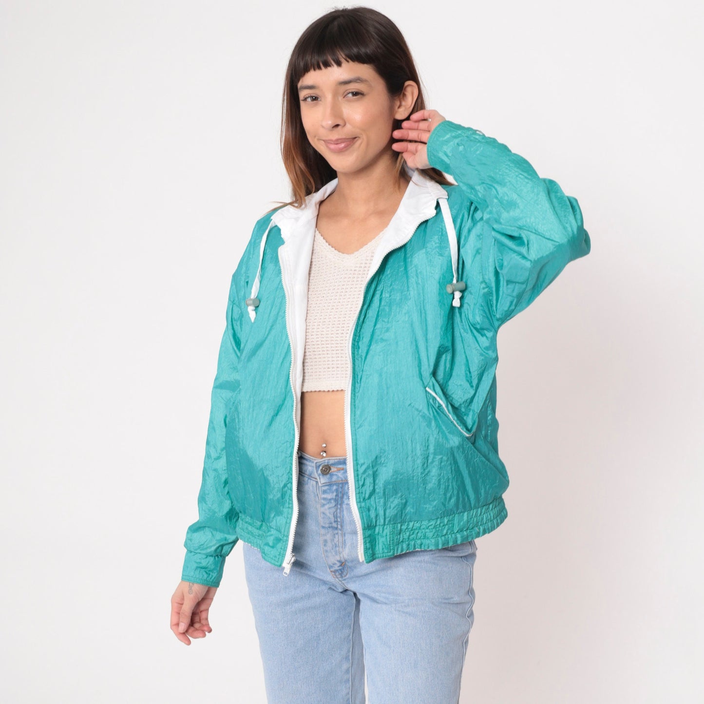 90s Reversible Windbreaker White Turquoise Mesh Trim Jacket Medium