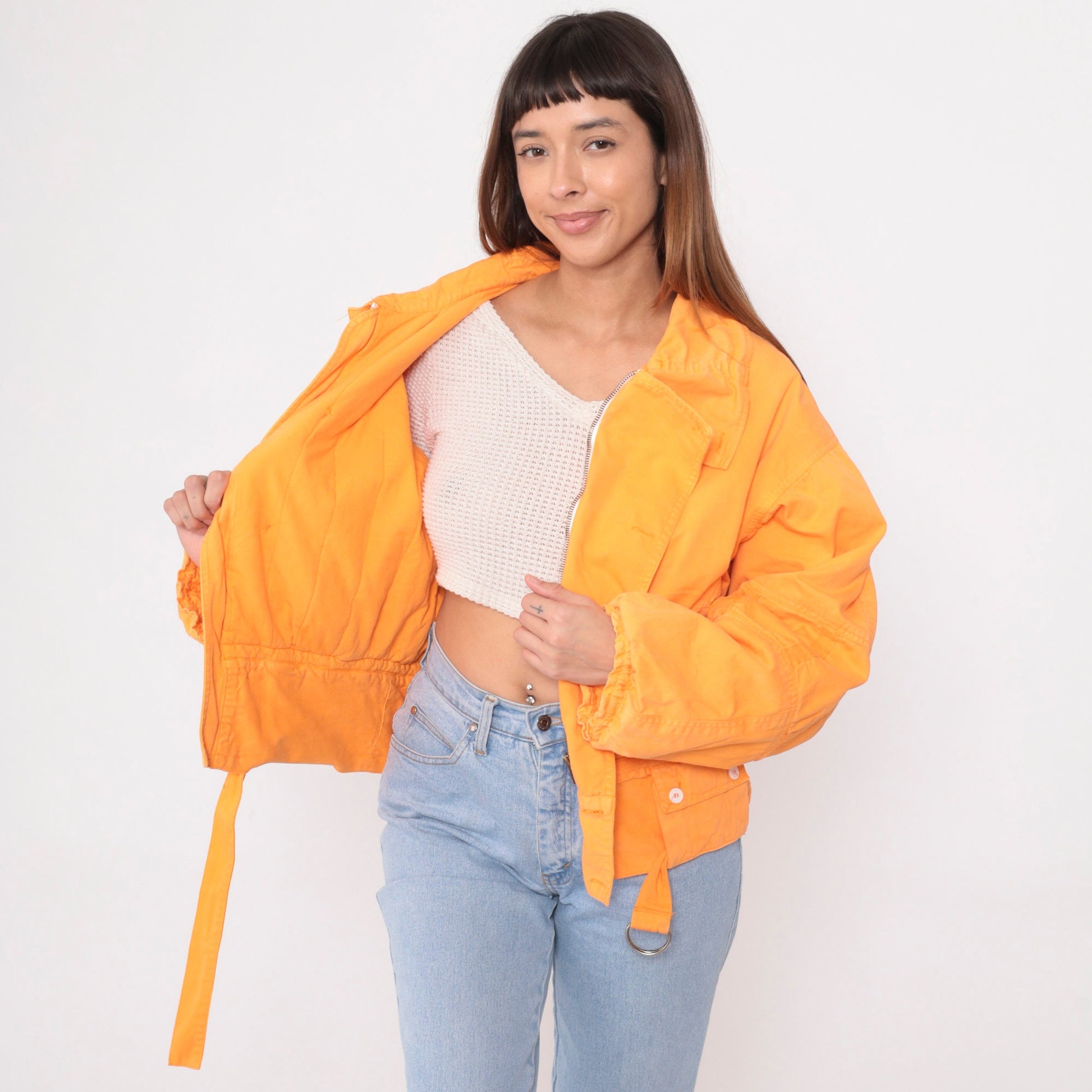 90s Orange Cotton Puffer Jacket Zip Cargo Pockets Small S