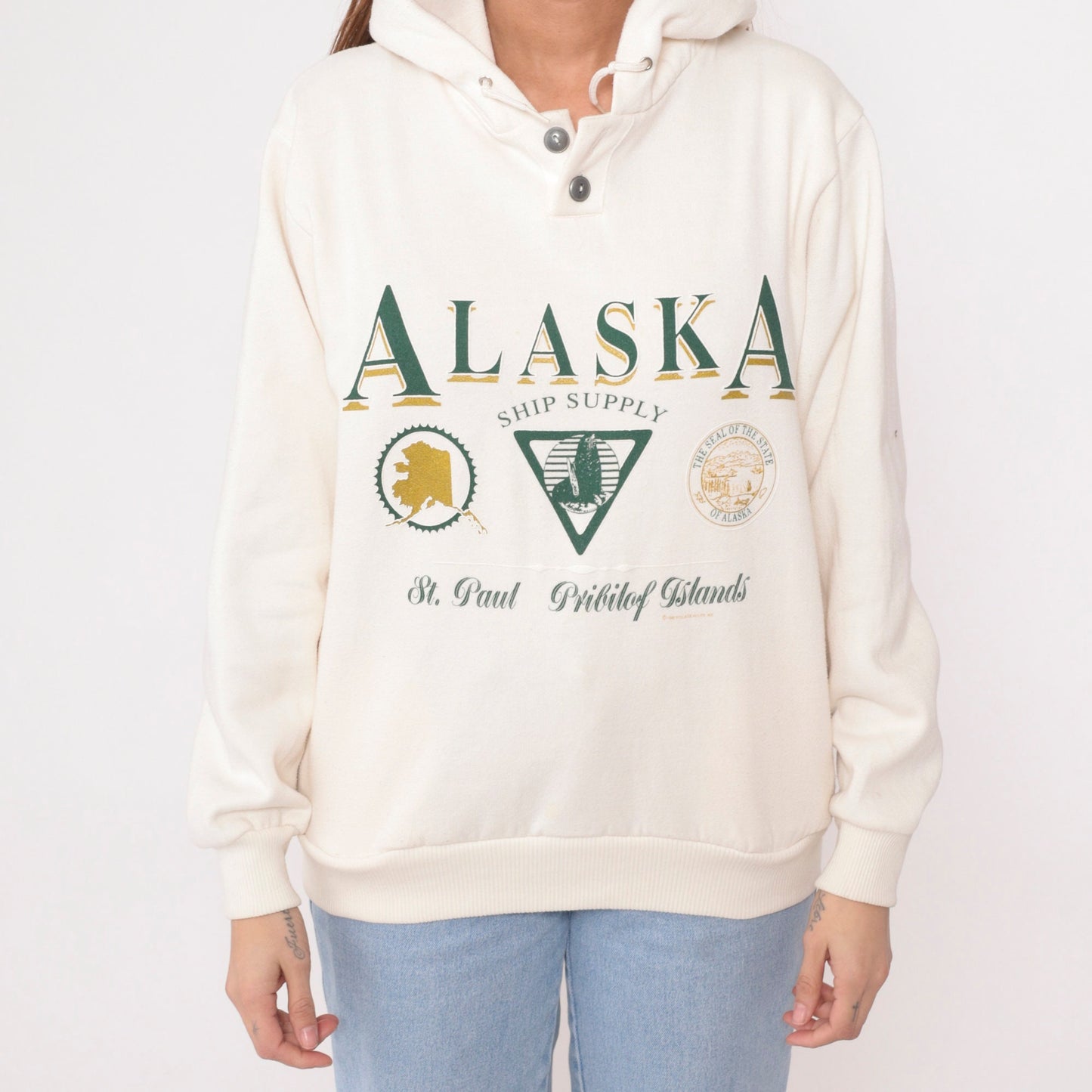 90s St. Paul Island Alaska Hooded Sweatshirt Cream Graphic Medium