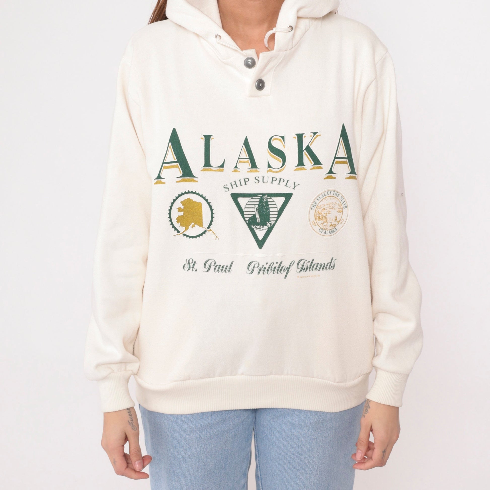 90s St. Paul Island Alaska Hooded Sweatshirt Cream Graphic Medium