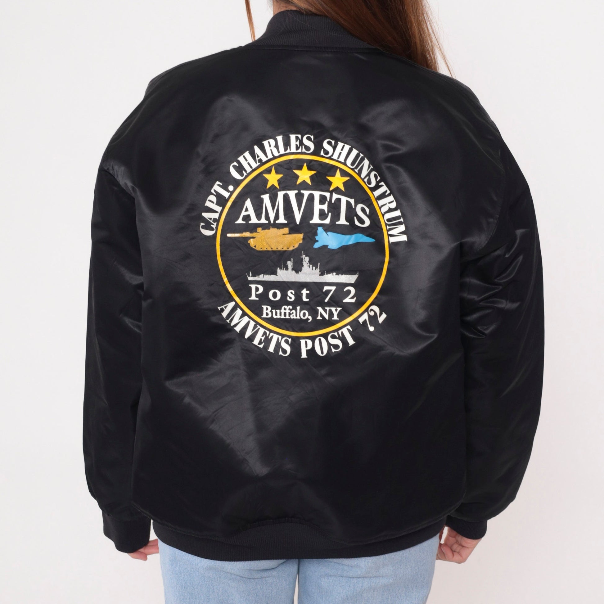 90s AMVETS Bomber Jacket Black Nylon Satin Snap Buffalo NY Large