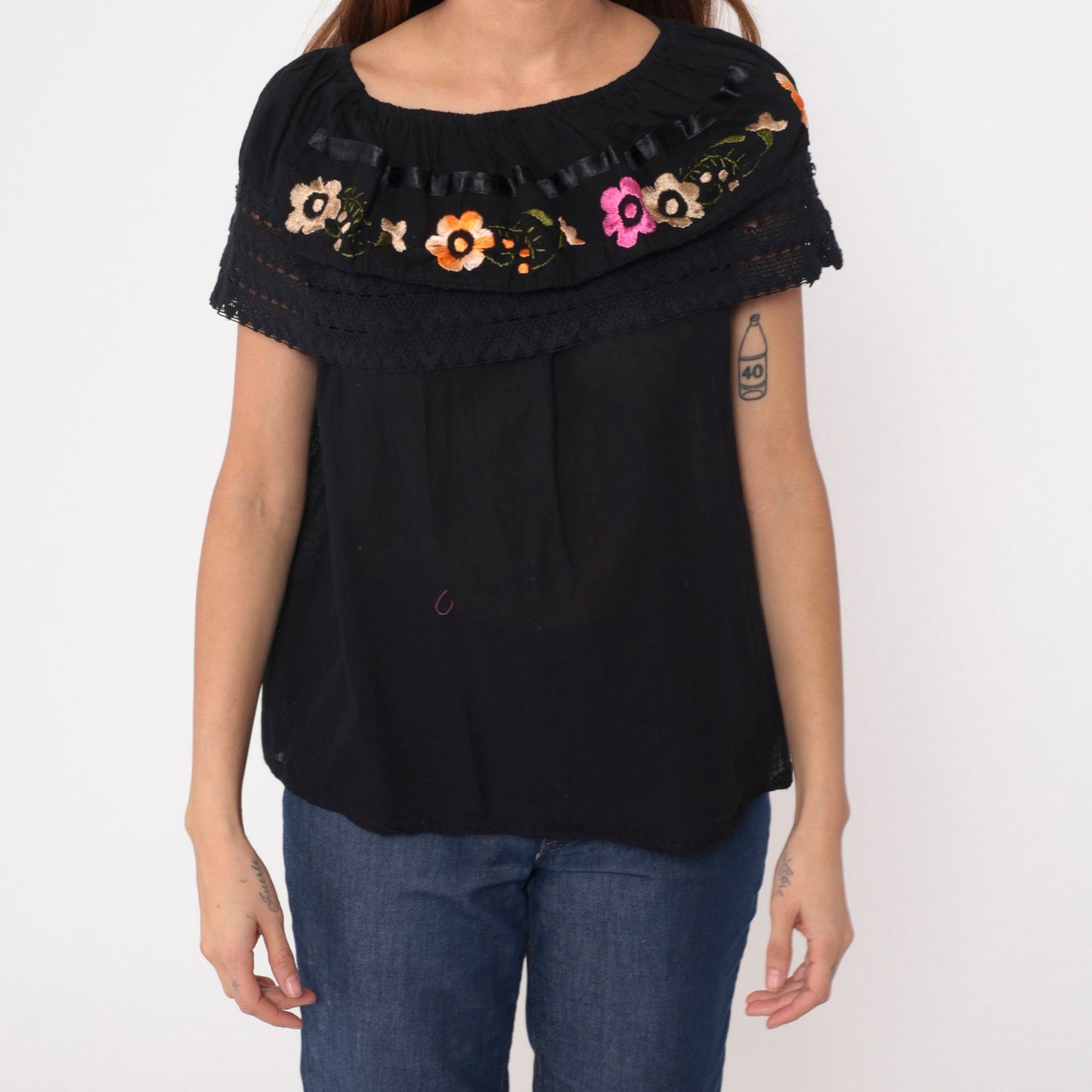 90s Mexican Floral Embroidered Cotton Blouse Off-Shoulder Black Medium