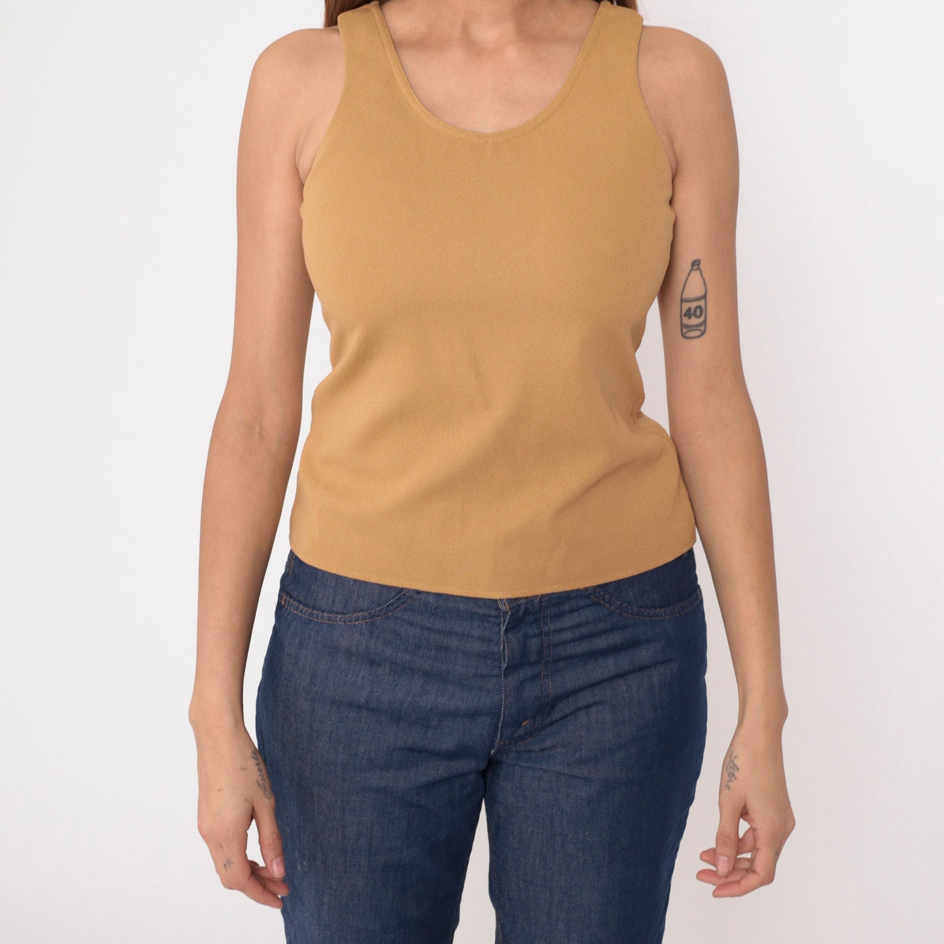 70s Tan Sleeveless Tank Top Round Neckline Rear Zipper Extra Small