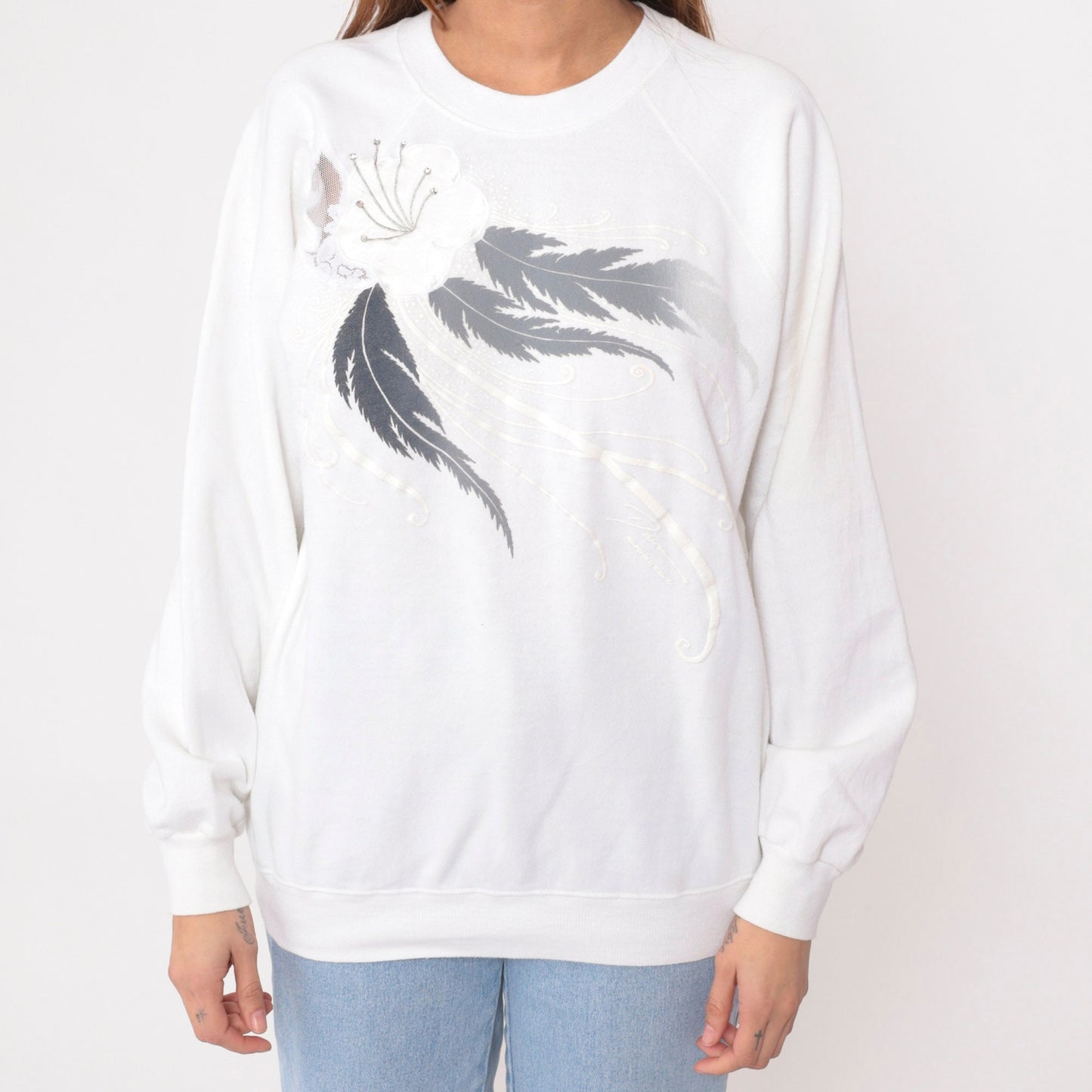 90s Rhinestone Floral White Sweatshirt Mesh Lace Crewneck Raglan Large L