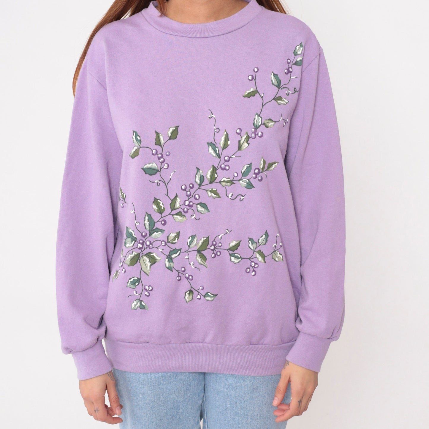 90s Lavender Sweatshirt Botanical Berry Leaf Graphic Crewneck Pullover Large L