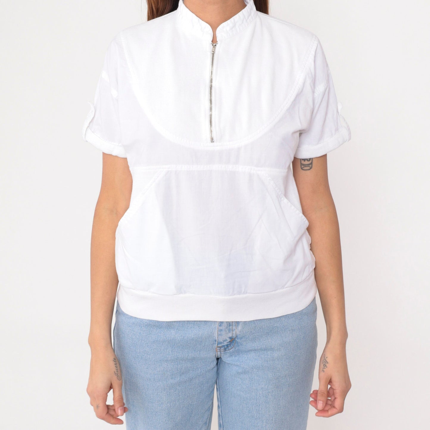 90s Radius Quarter Zip White Cotton Shirt Kangaroo Pocket Small S