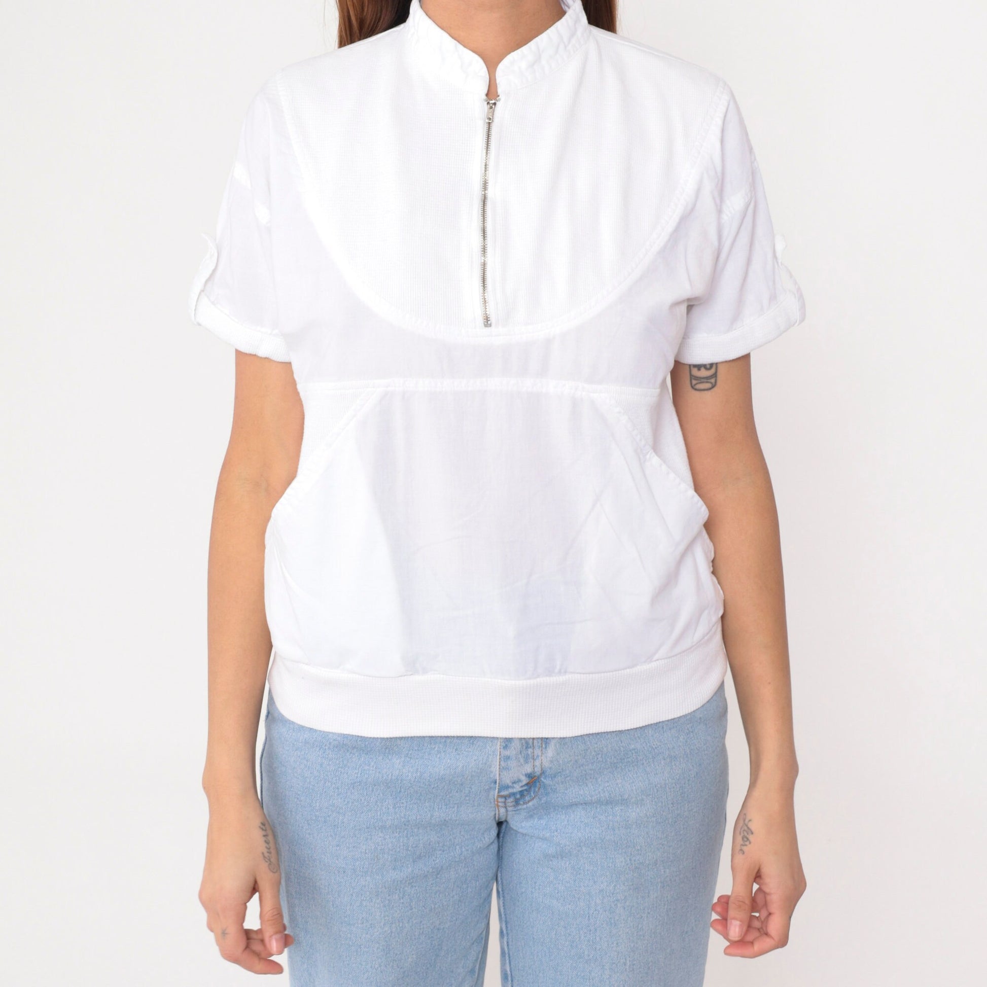 90s Radius Quarter Zip White Cotton Shirt Kangaroo Pocket Small S