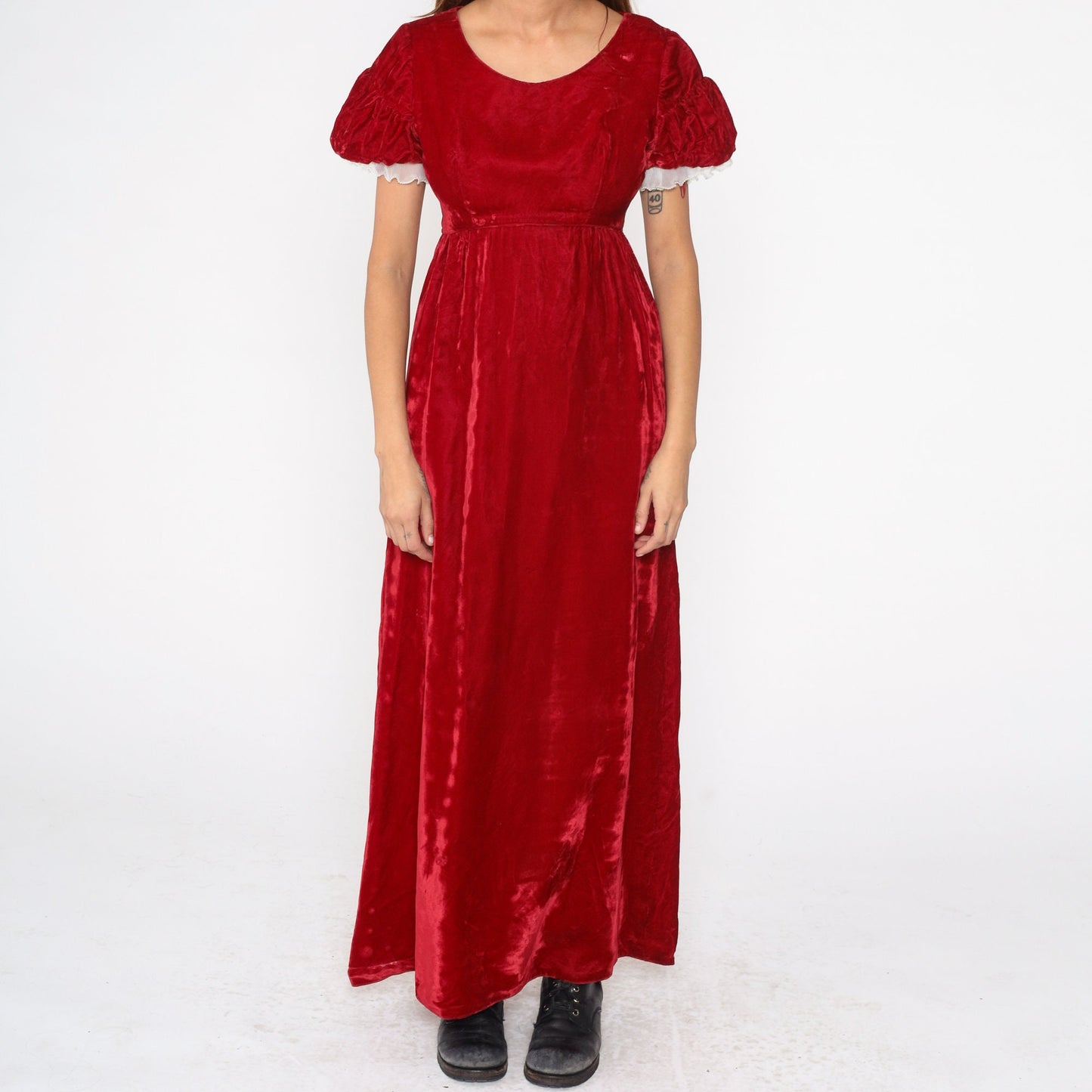 70s Emma Domb Red Velvet Maxi Dress Puff Sleeve Empire Waist Small S