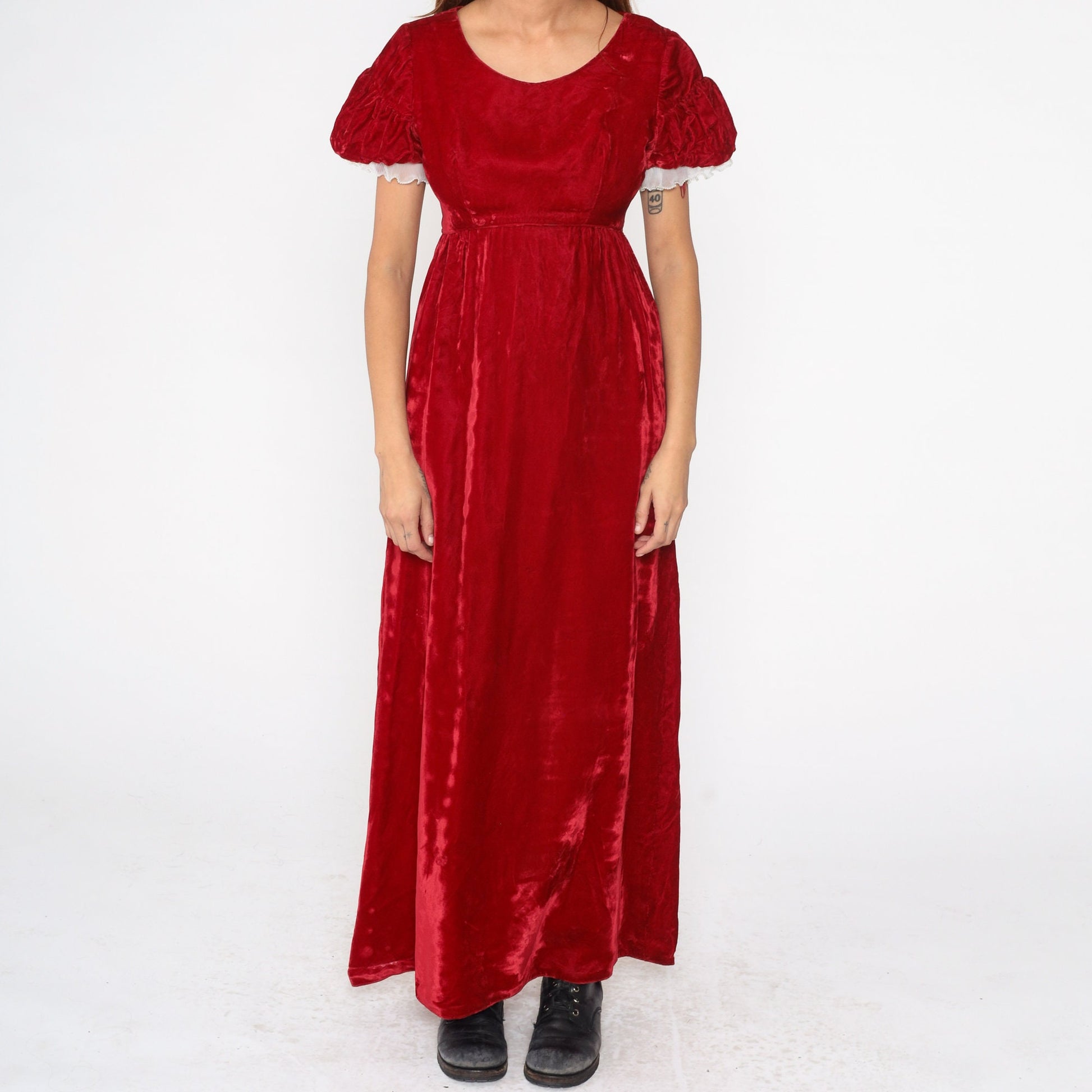 70s Emma Domb Red Velvet Maxi Dress Puff Sleeve Empire Waist Small S