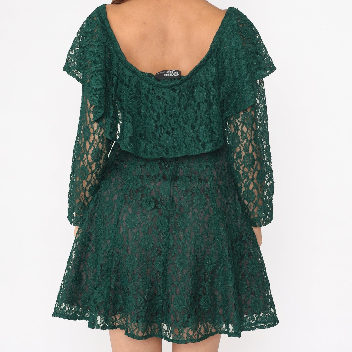 90s Green Lace Mini Dress Flounce Tie Neckline Long Sheer Sleeves Small