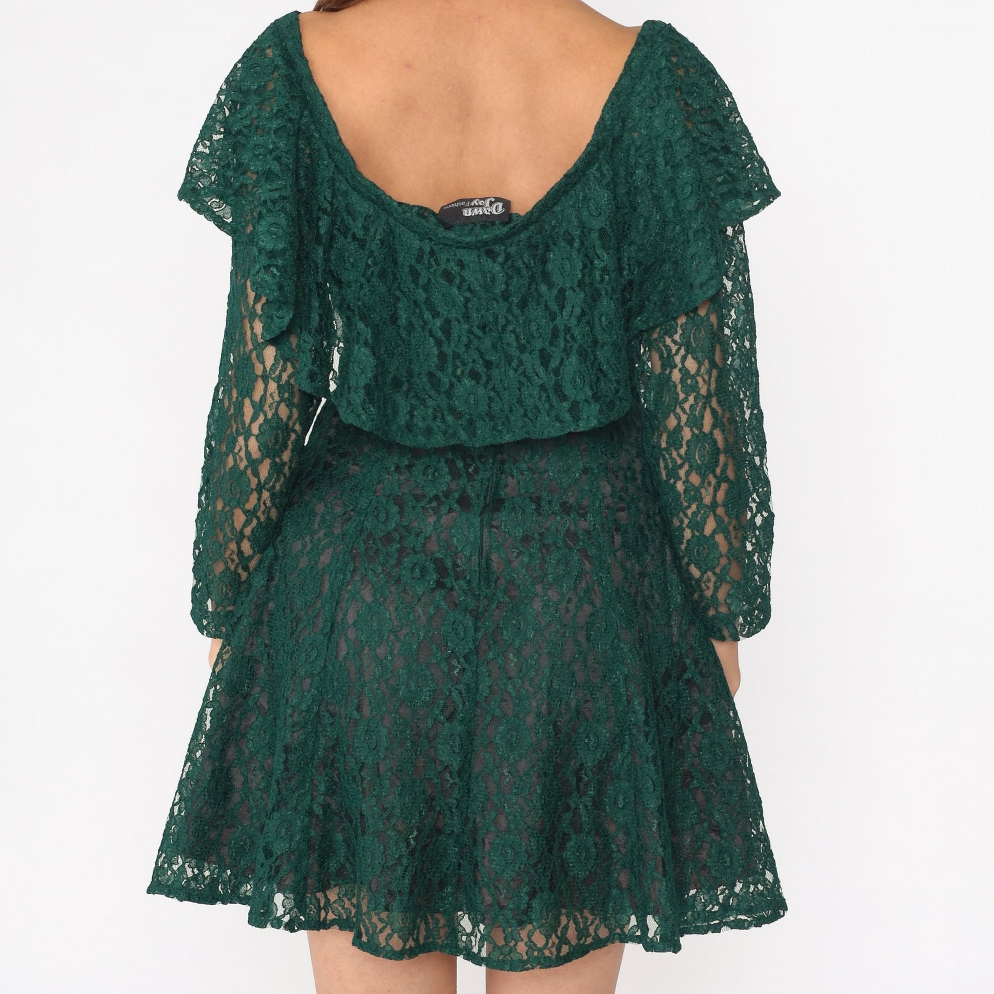 90s Green Lace Mini Dress Flounce Tie Neckline Long Sheer Sleeves Small