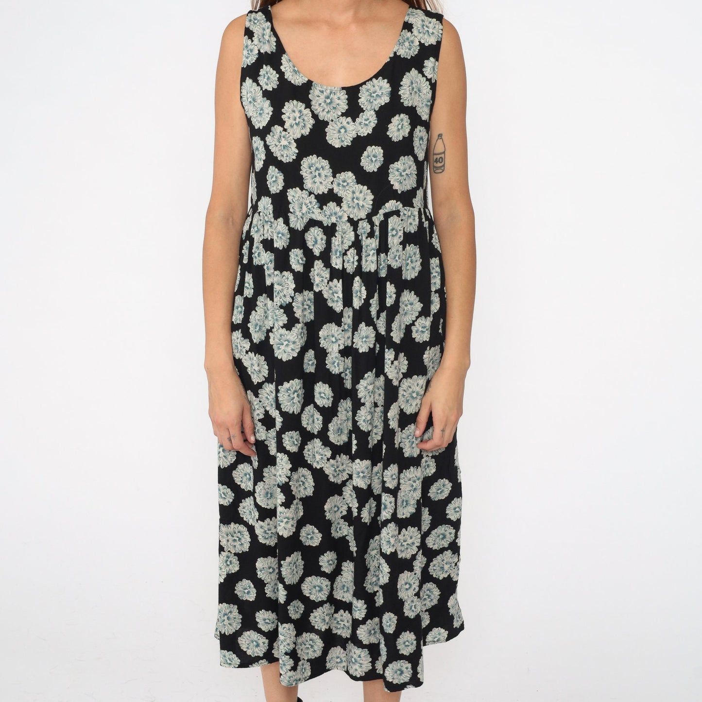 90s Floral Midi Dress Black Rayon High Waist Sleeveless Large L