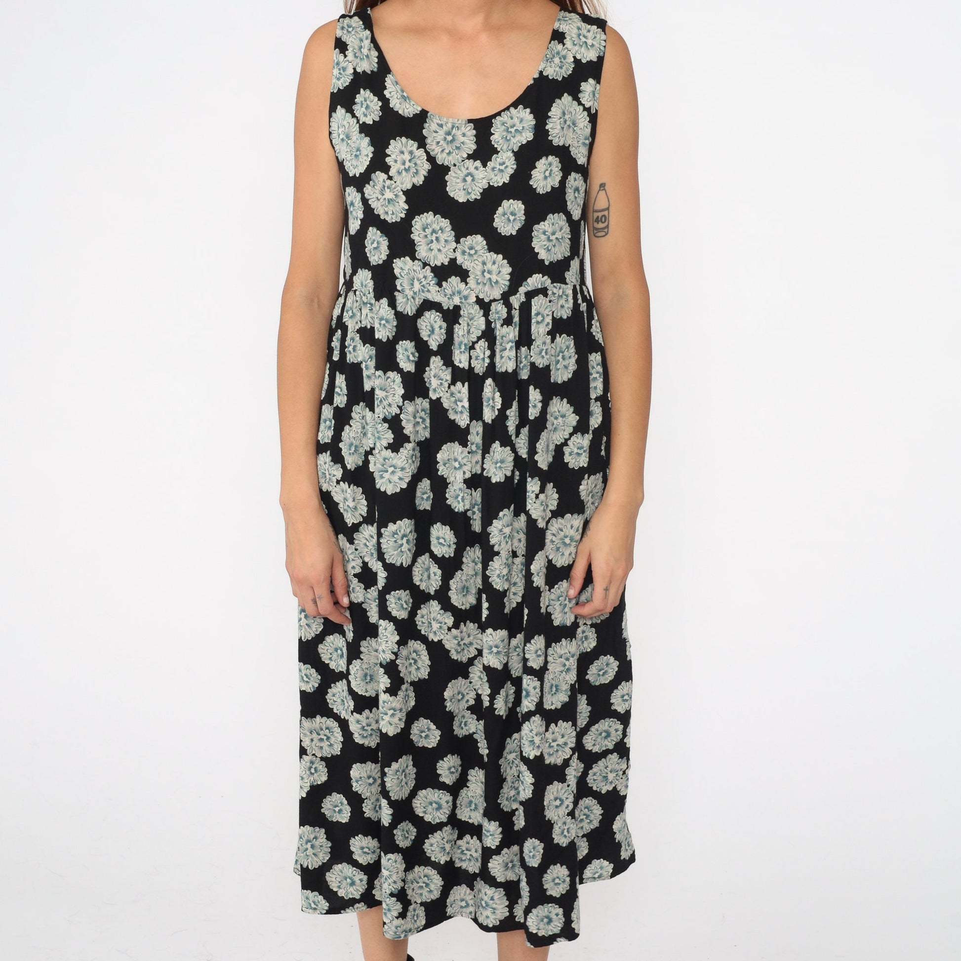 90s Floral Midi Dress Black Rayon High Waist Sleeveless Large L
