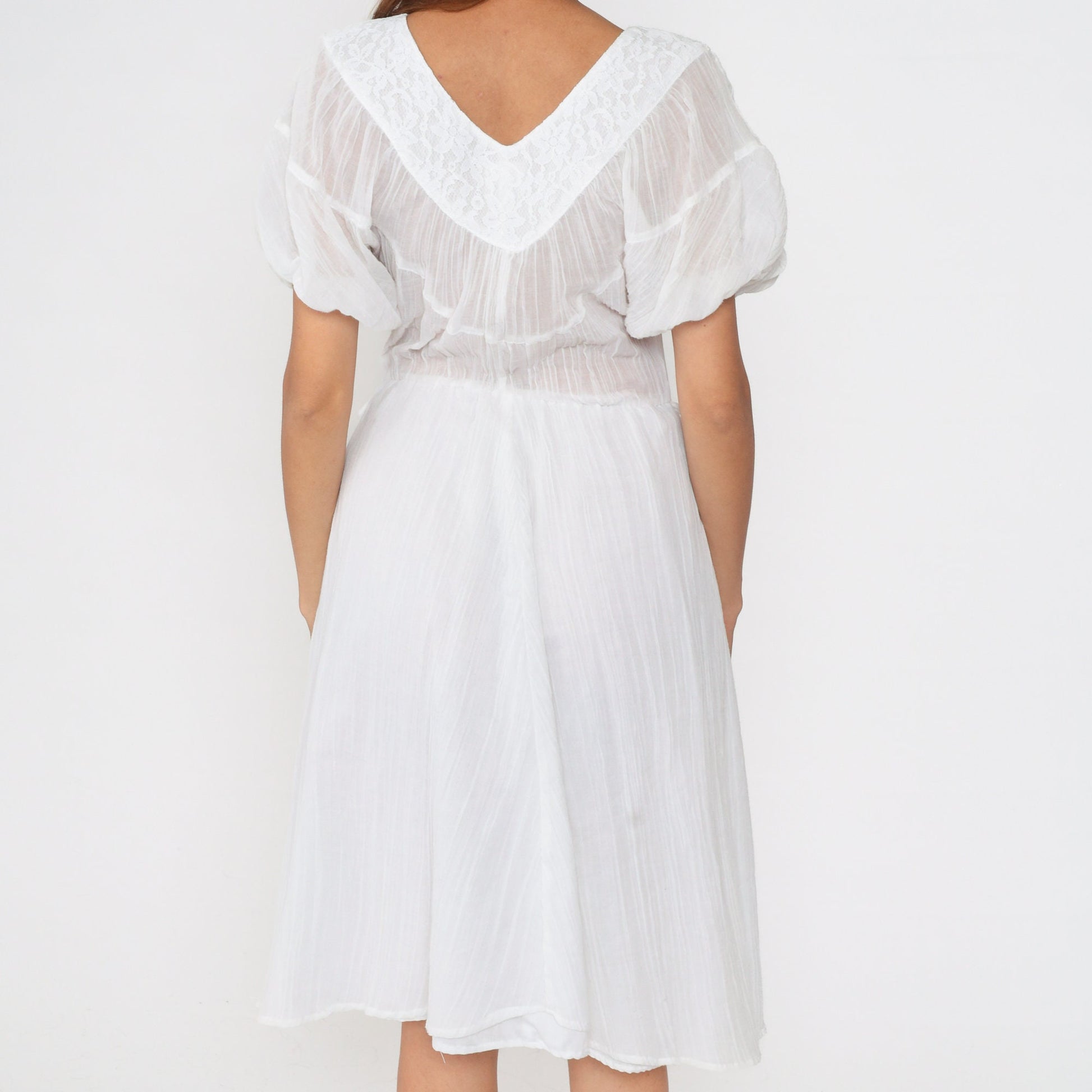 80s White Gauze Midi Dress Puff Sleeve V-Neck Lace Trim High Waist Extra Small