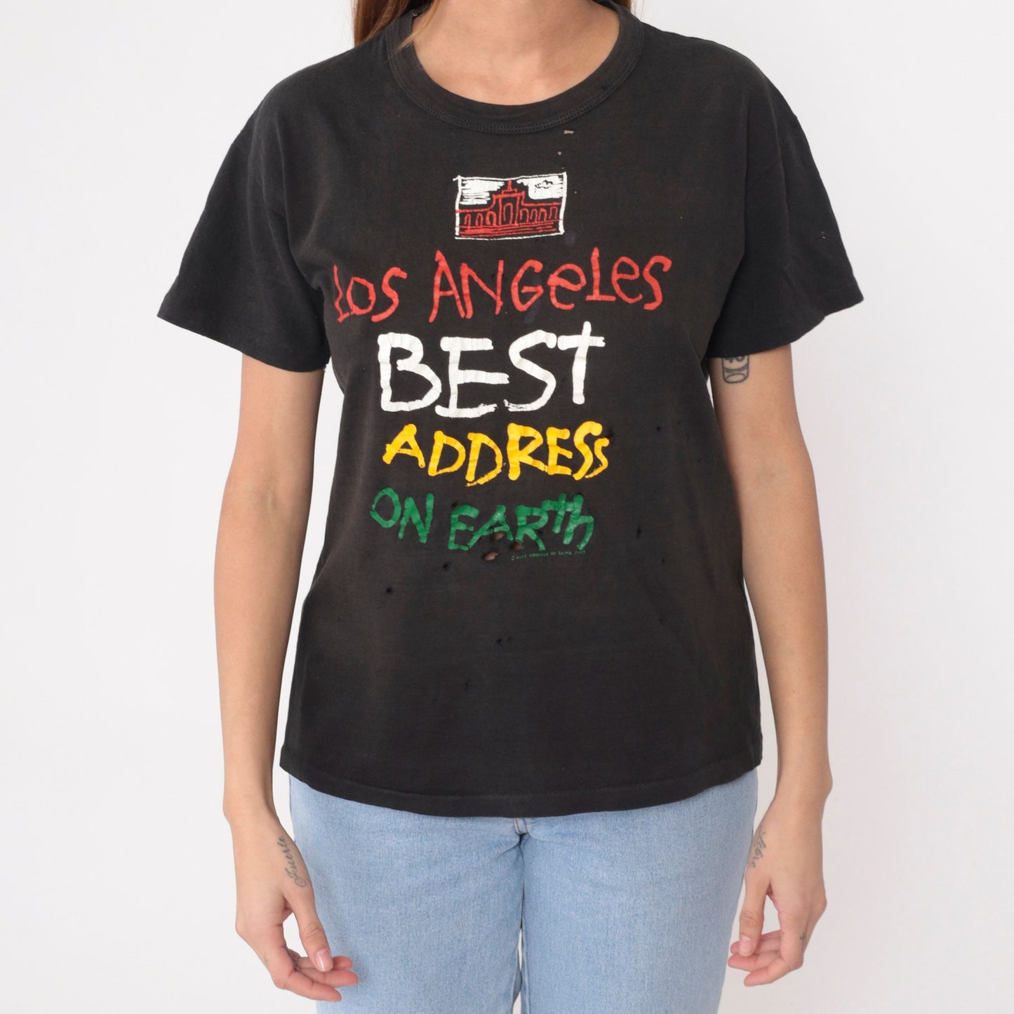 90s Los Angeles 'Best Address on Earth' Graphic Tee Black Distressed Medium