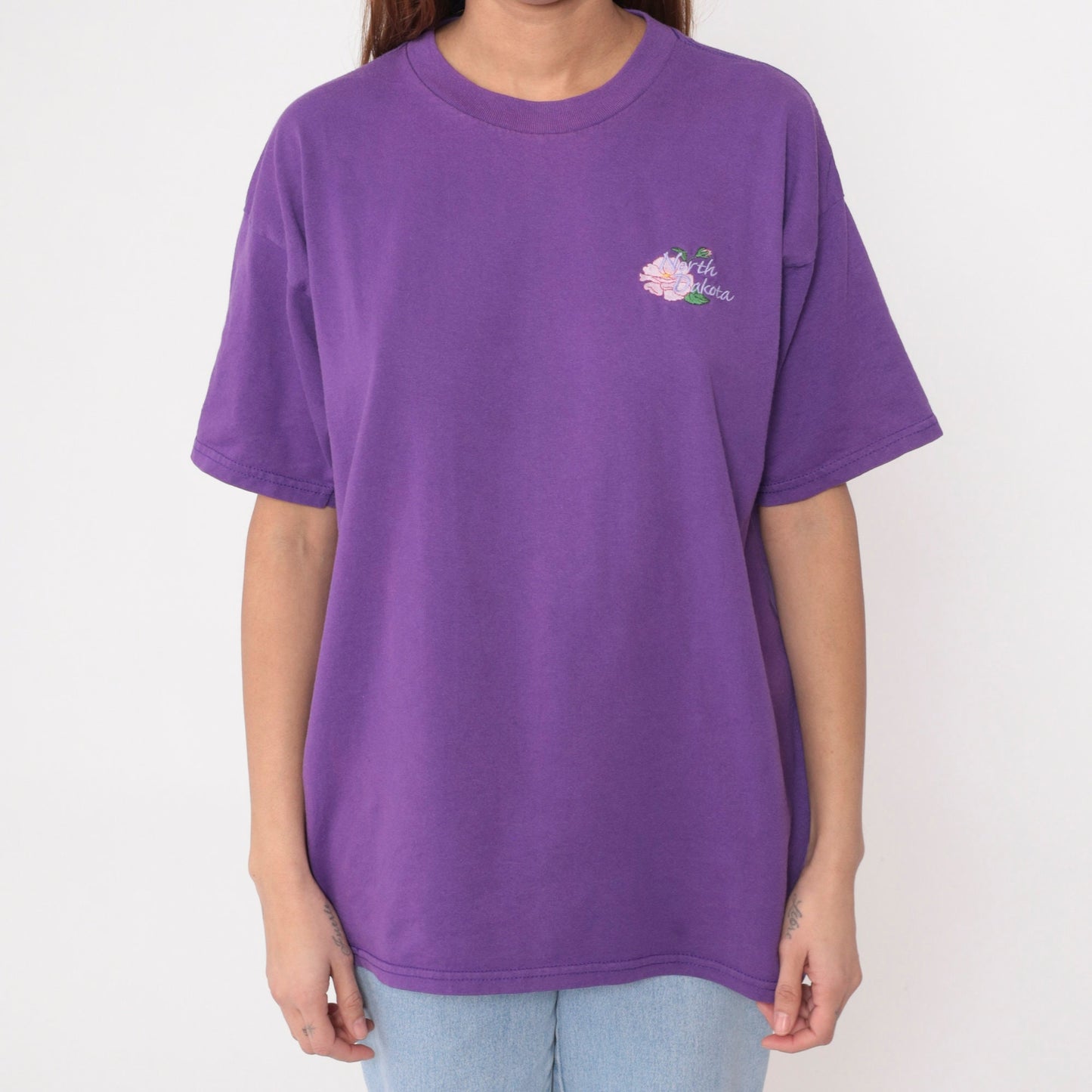 North Dakota Prairie Rose Embroidered Graphic Tee Purple 1990s Extra Large