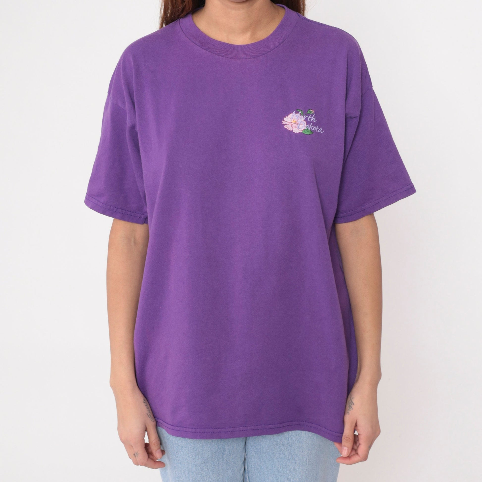 North Dakota Prairie Rose Embroidered Graphic Tee Purple 1990s Extra Large