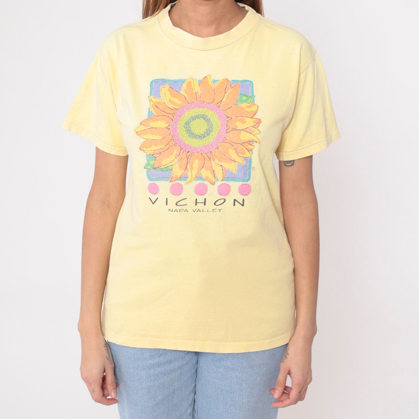 90s Vichon Napa Valley Winery Graphic Tee Yellow Sunflower Cotton Medium