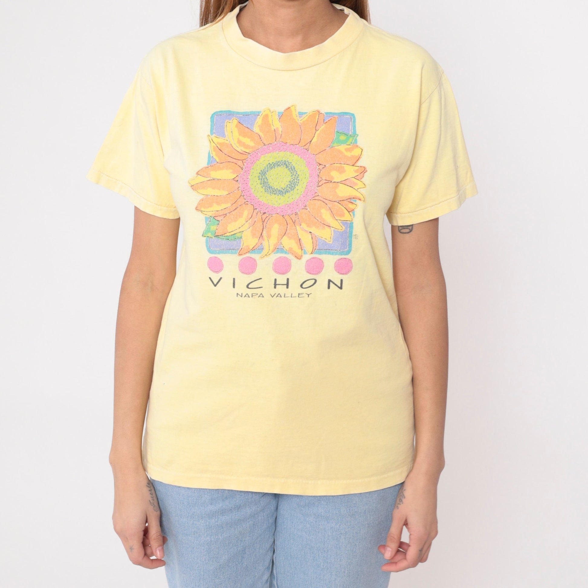 90s Vichon Napa Valley Winery Graphic Tee Yellow Sunflower Cotton Medium