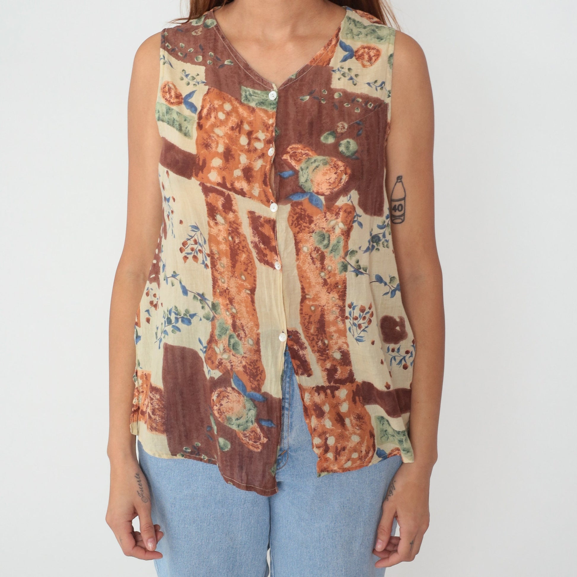 90s Patchwork Floral Button-Up Tank Top Brown Orange Green Small S