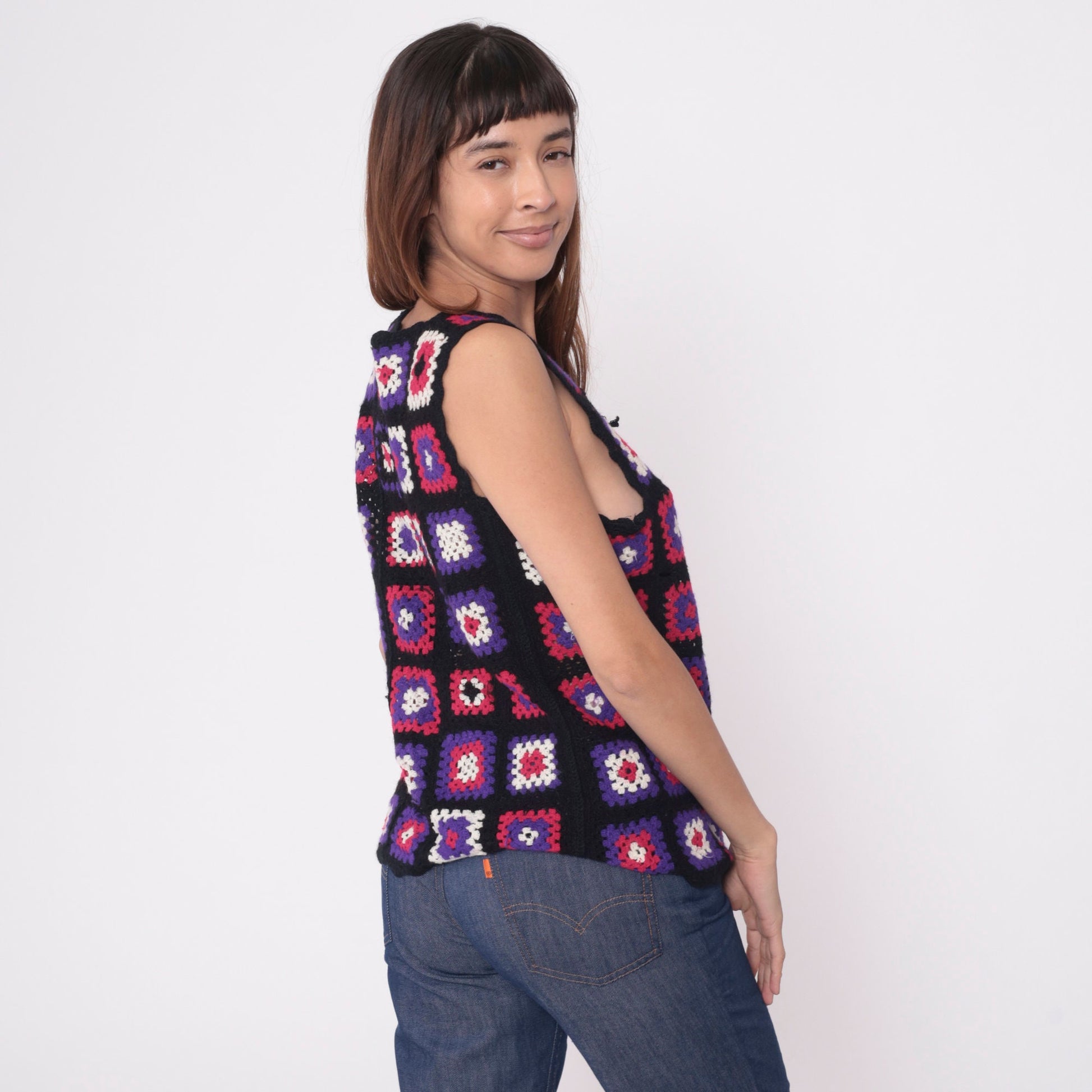 70s Crochet Granny Square Tank Top Patchwork Vest Black Pink Purple Small