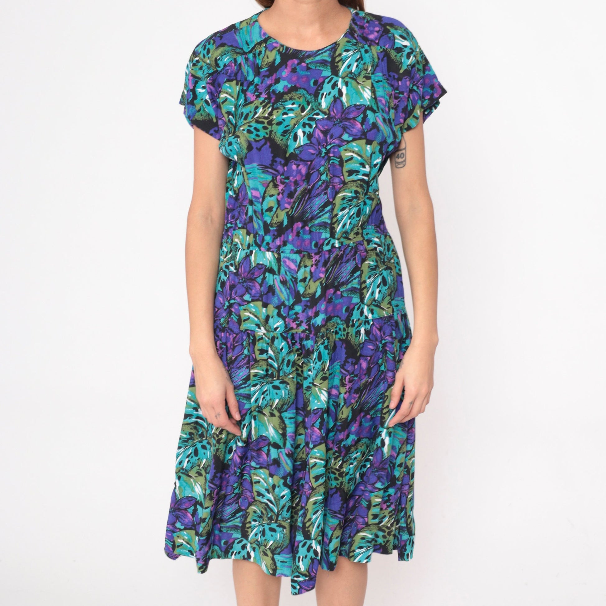 90s Tropical Floral Midi Dress Purple Teal Short Sleeve High Waist Large 12