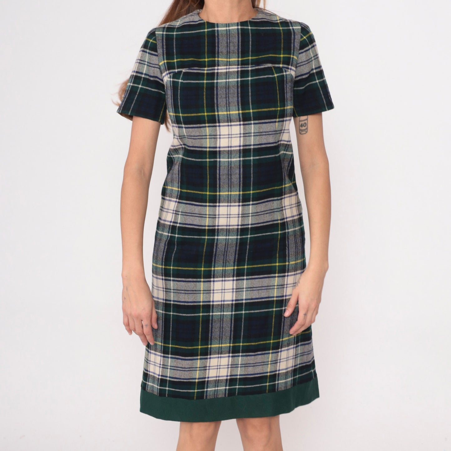 60s Vogue Couturier Plaid Wool Sheath Dress Blue Green Tartan Small