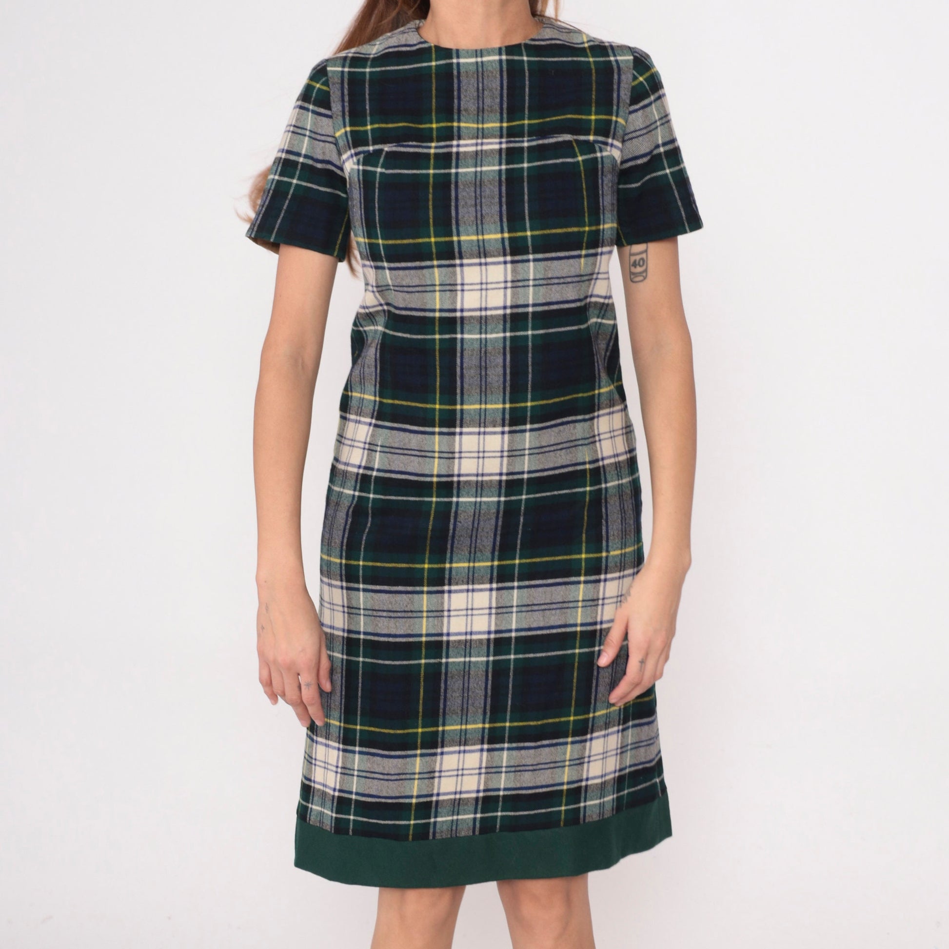 60s Vogue Couturier Plaid Wool Sheath Dress Blue Green Tartan Small