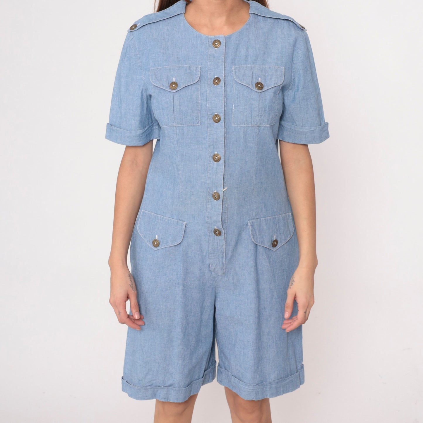 90s Leslie Fay Denim Romper Military Epaulette Chambray Playsuit Medium 8