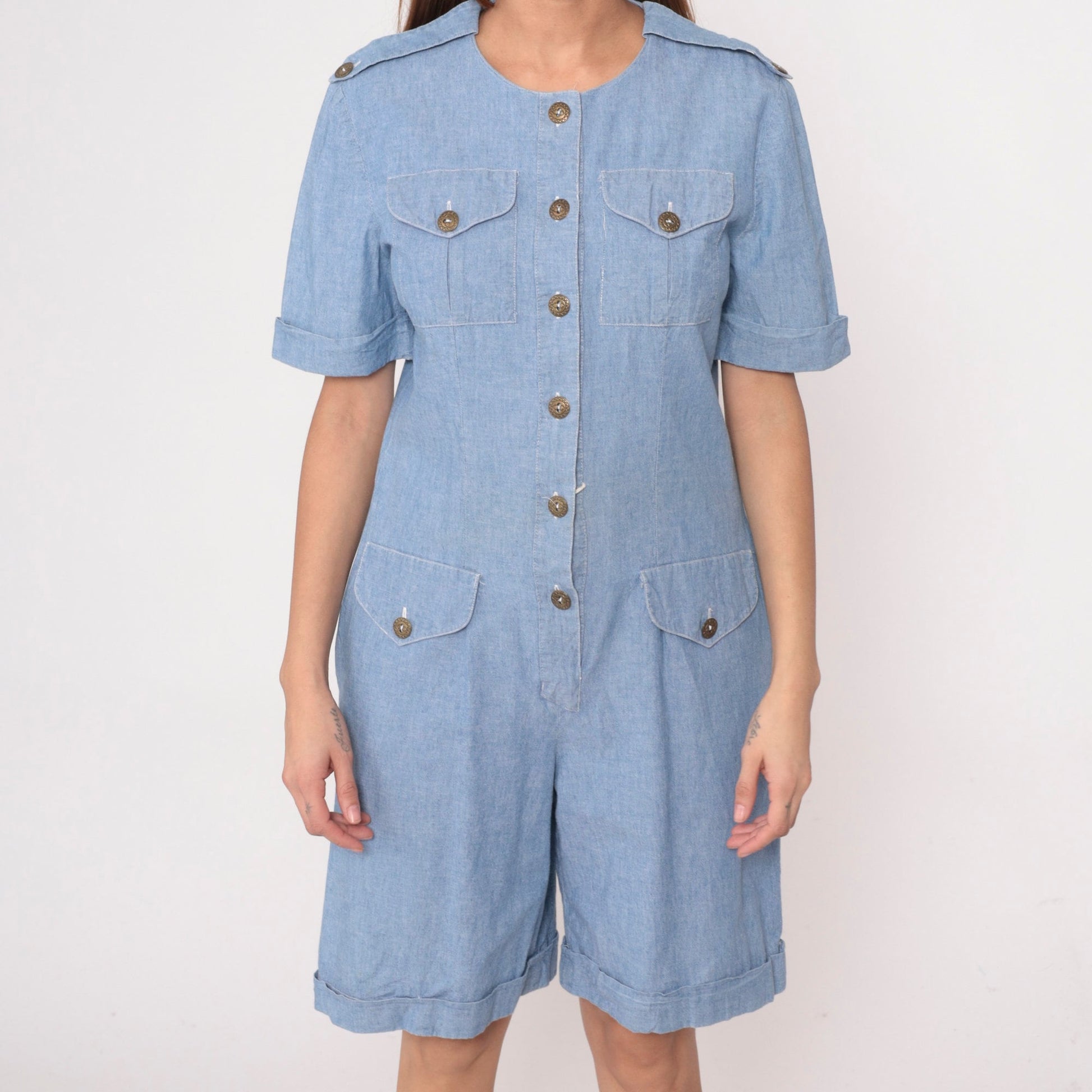 90s Leslie Fay Denim Romper Military Epaulette Chambray Playsuit Medium 8
