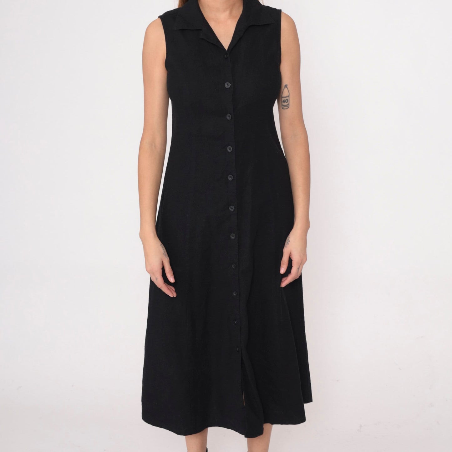 Y2K Black Linen Rayon Button-Up Midi Dress Cutout Back Small S