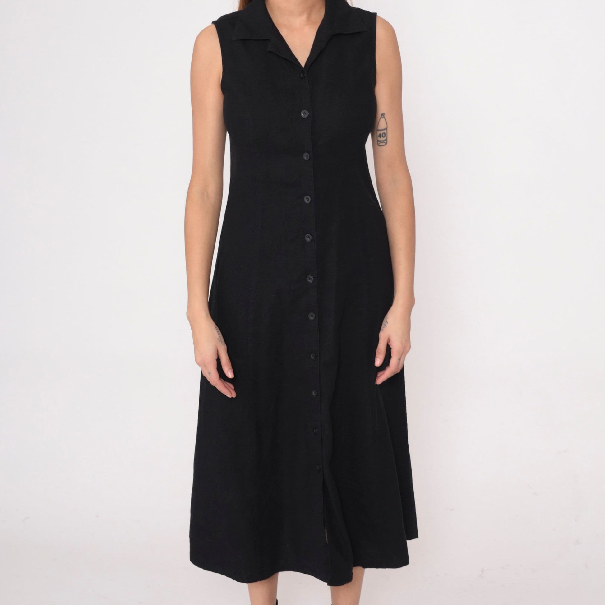 Y2K Black Linen Rayon Button-Up Midi Dress Cutout Back Small S