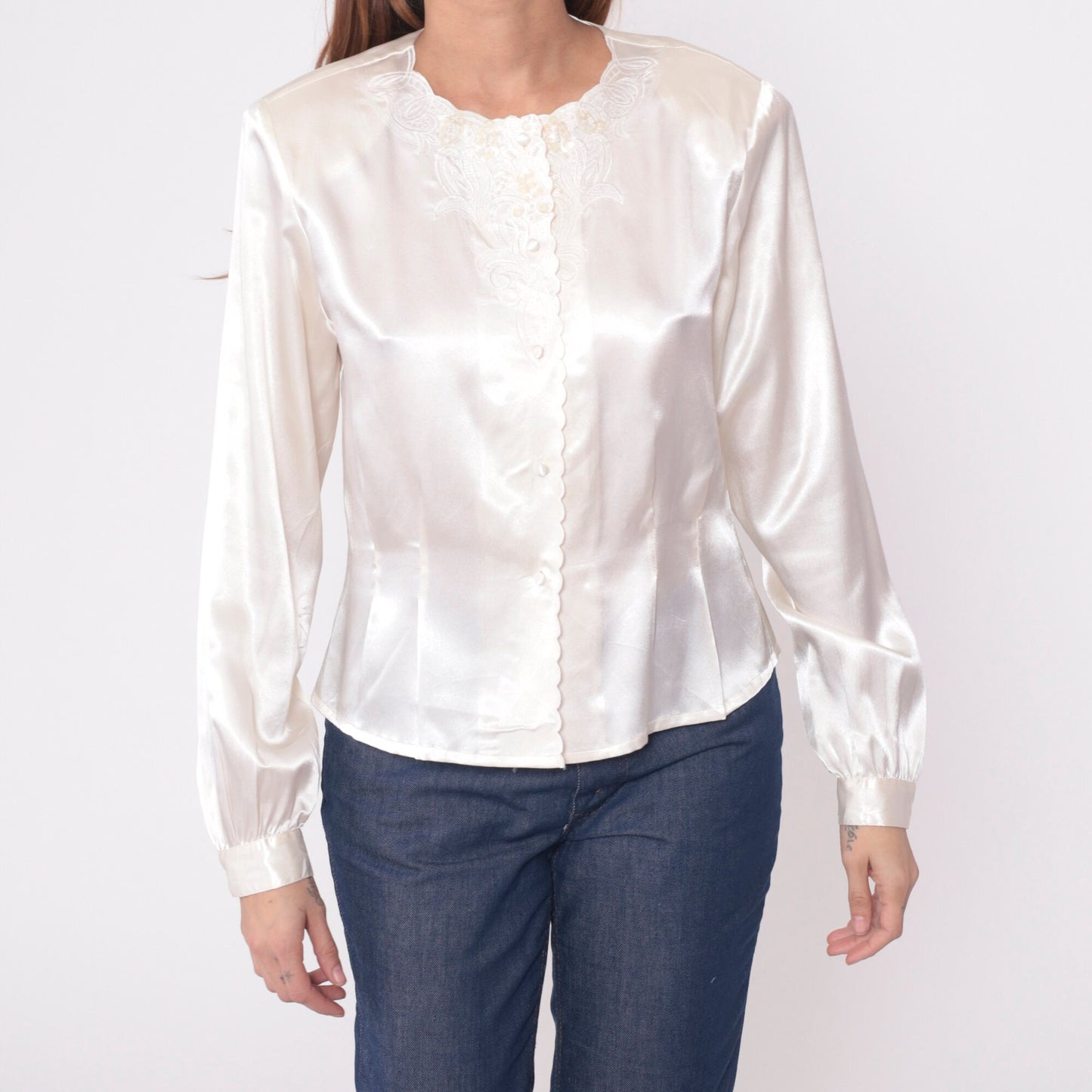 80s White Satin Blouse Embroidered Floral Beaded Sequin Long Sleeve Medium